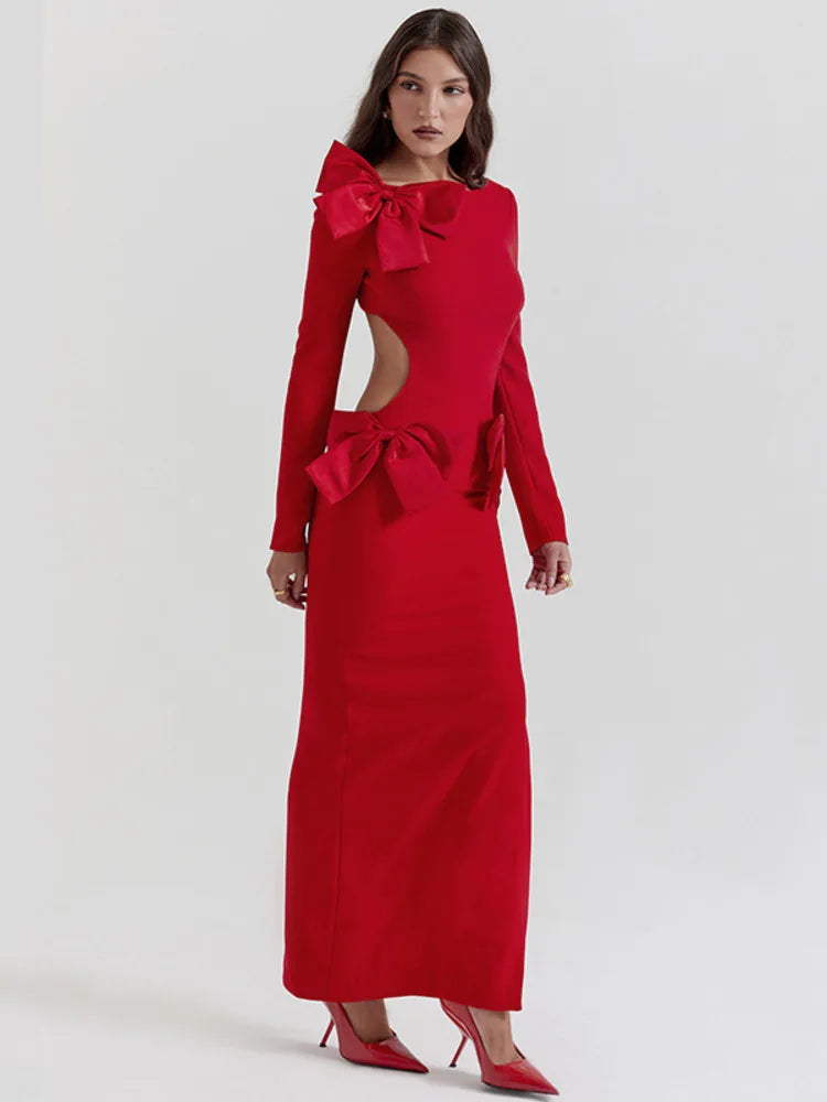 Women's Red Evening Gown | Elegant & Bold | Bow Detail & High Slit