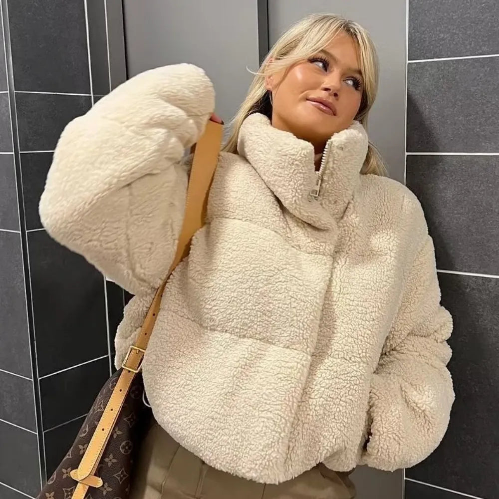 Teddy Puffer Jacket | Polyester | High Collar & Oversized Fit