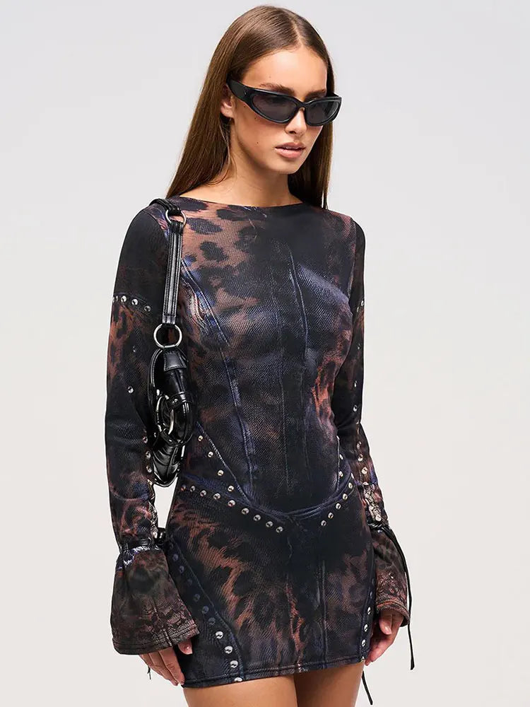 Mesh Abstract Print Mini Dress | Edgy | Bodycon Fit