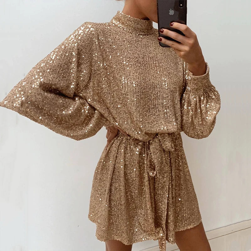 Women's Sequin Belted Mini Dress | Elegant & Sparkly | Flowy Fit