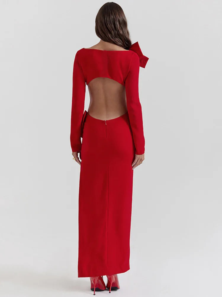 Women's Red Evening Gown | Elegant & Bold | Bow Detail & High Slit