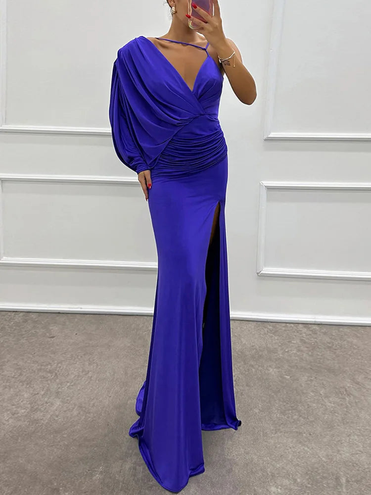 Women's One-Shoulder Draped Evening Gown | Elegant & Glamorous | High Slit
