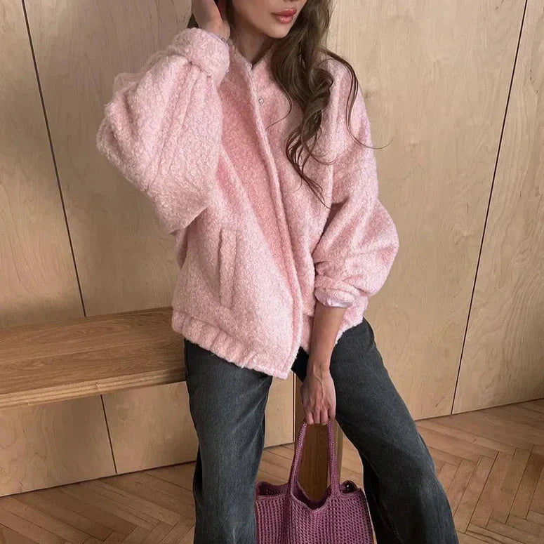Teddy Zip Jacket | Polyester | Oversized Fit in Soft Pink