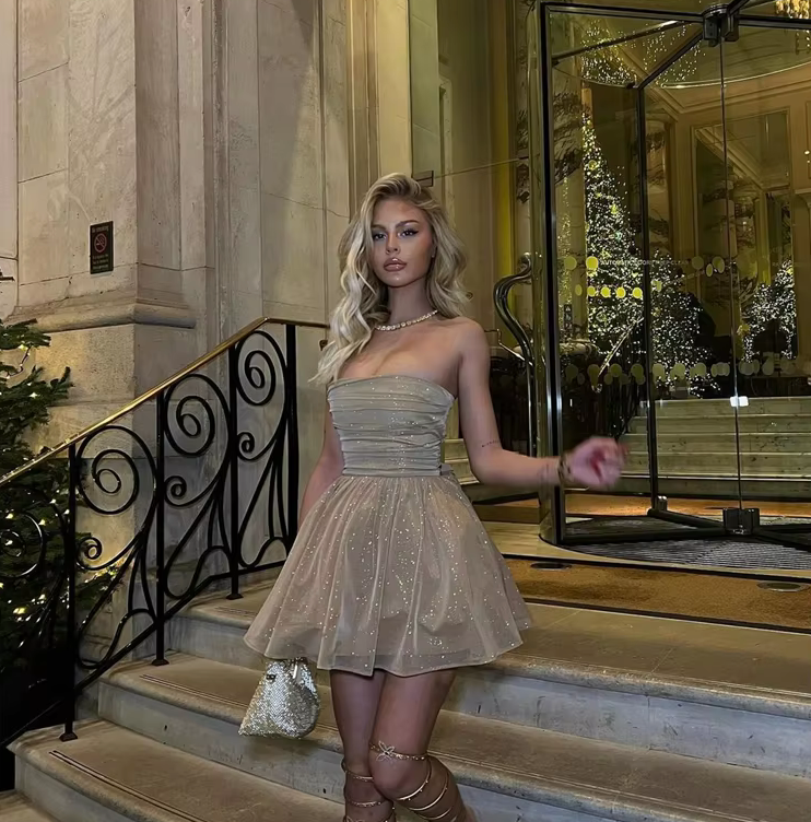 Strapless Party Mini Dress | Glitter & Bow Detail | Festive & Chic