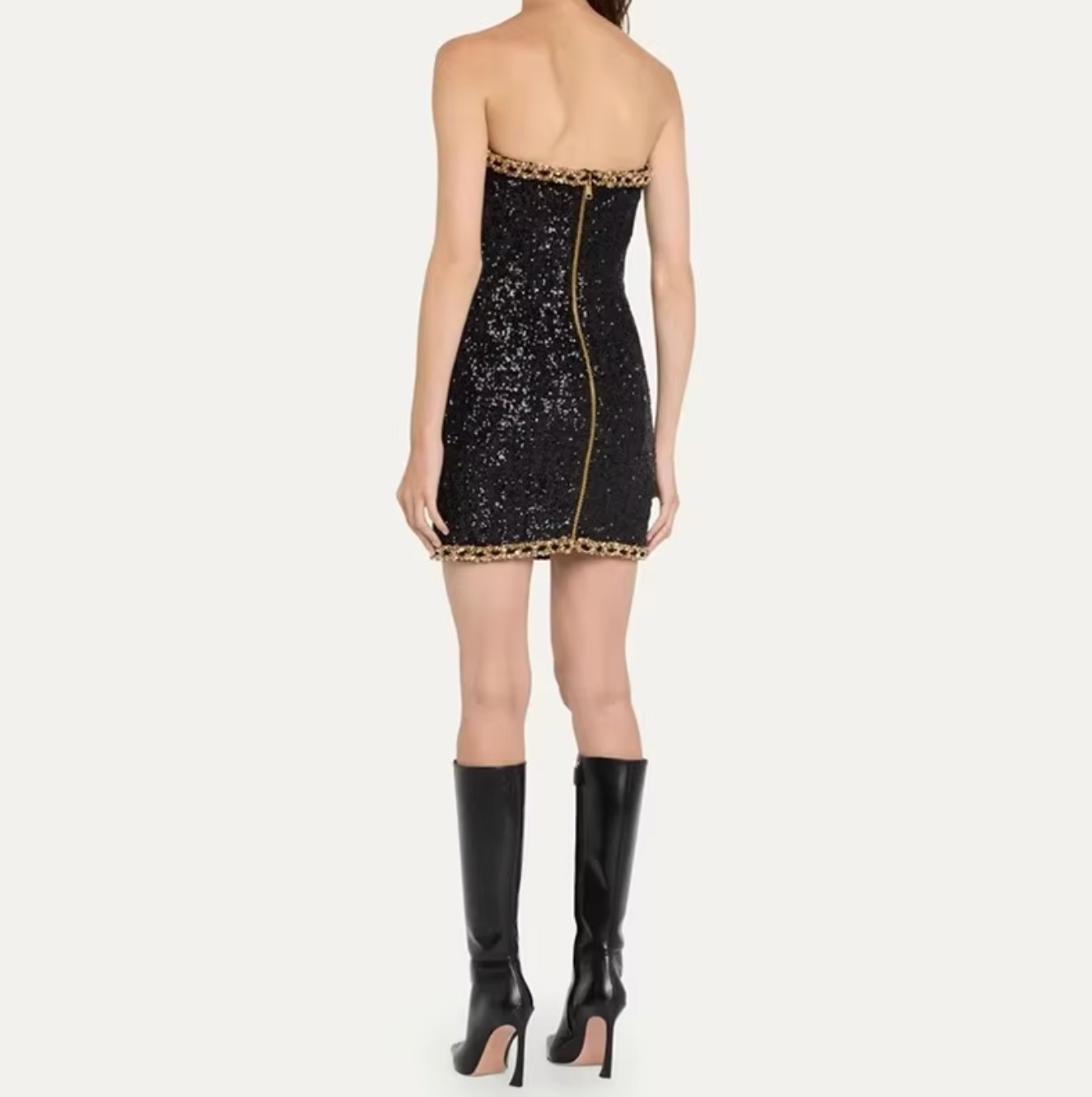 Sequin Mini Dress | Polyester | Gold Chain Detail & Strapless Fit