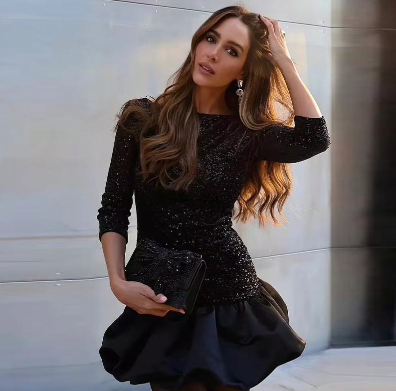 Women's Embellished Mini Dress | Elegant & Playful | Ruffled Hem