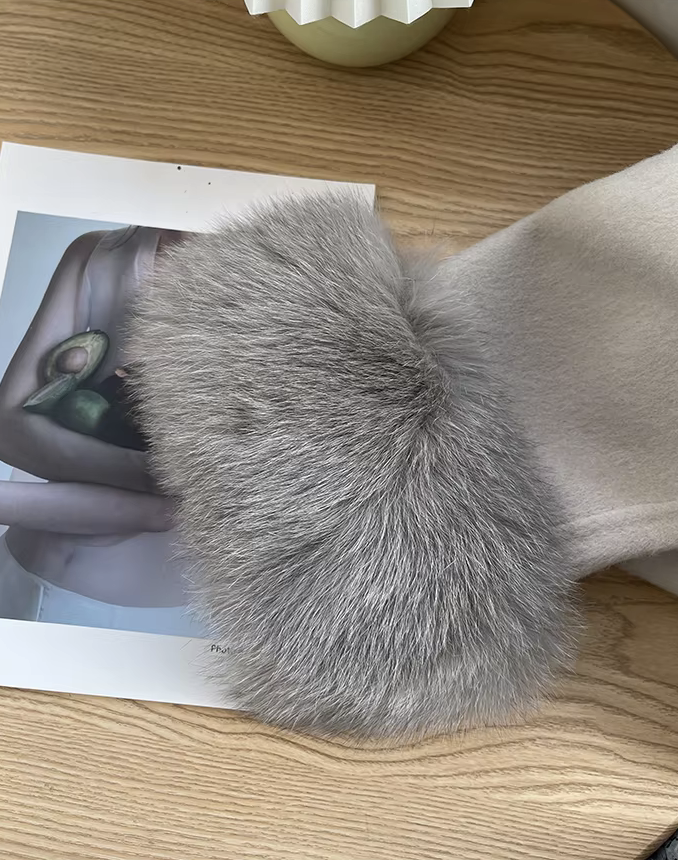 Women's Long Wool Coat | Elegant & Warm | Faux Fur Cuffs