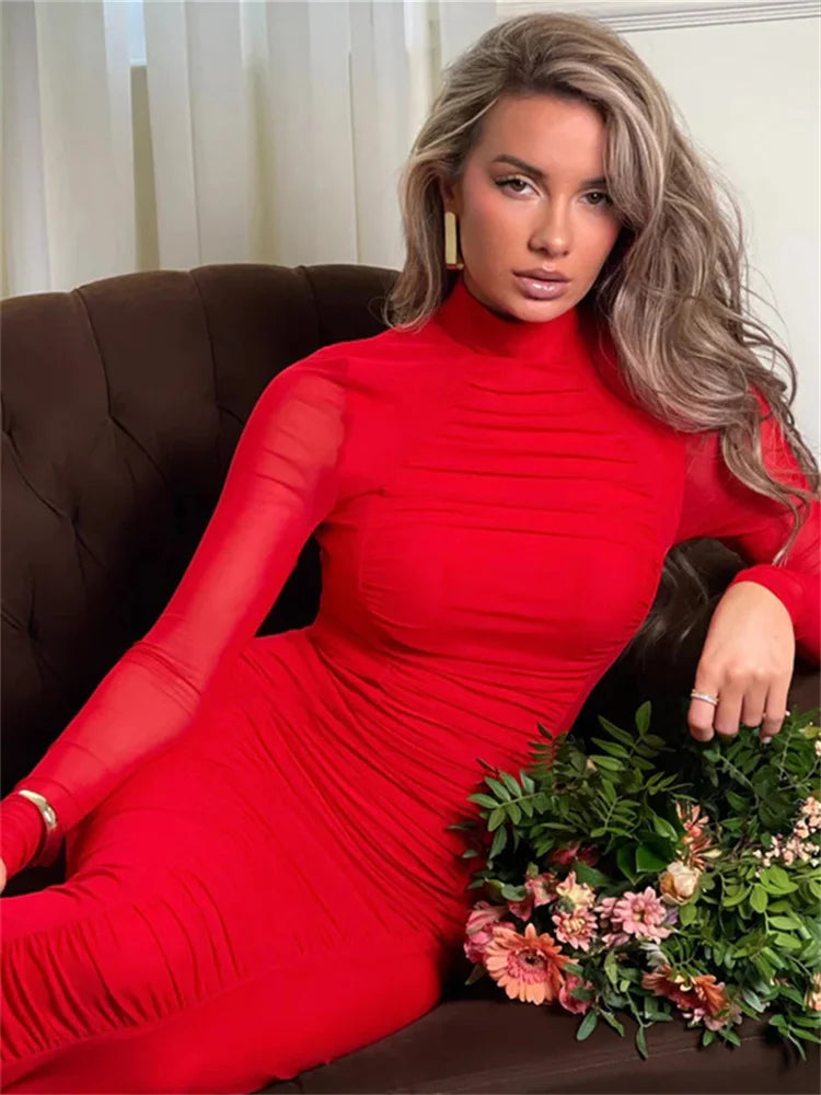 Sheer Sleeve Bodycon Maxi Dress | Elegant & Sleek | High Neck