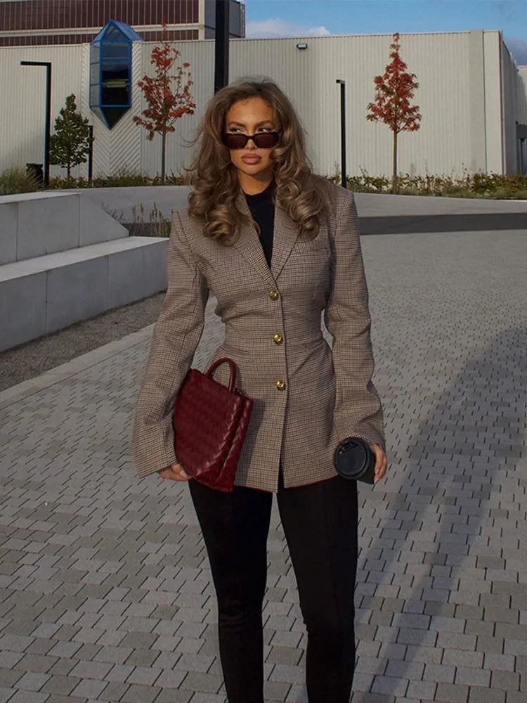 Women's Plaid Blazer | Tailored & Elegant | Gold Button Detail