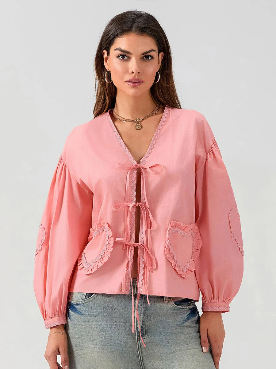 Satin Bow-Tie Jacket | Polyester Blend | Balloon Sleeve Design