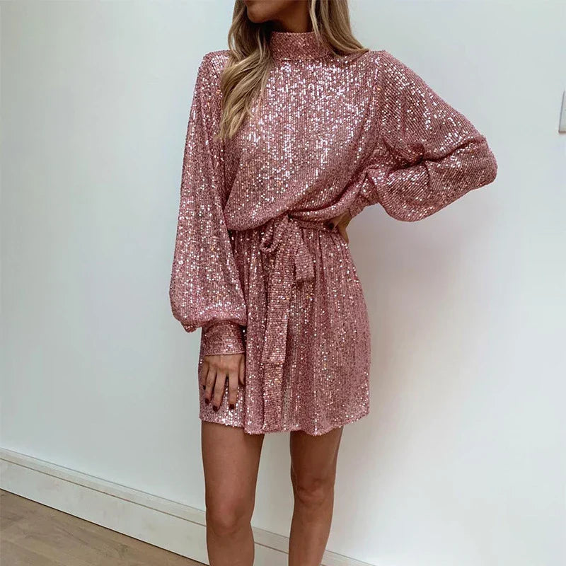 Women's Sequin Belted Mini Dress | Elegant & Sparkly | Flowy Fit