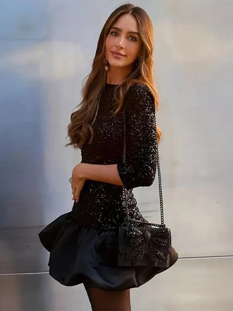 Women's Embellished Mini Dress | Elegant & Playful | Ruffled Hem