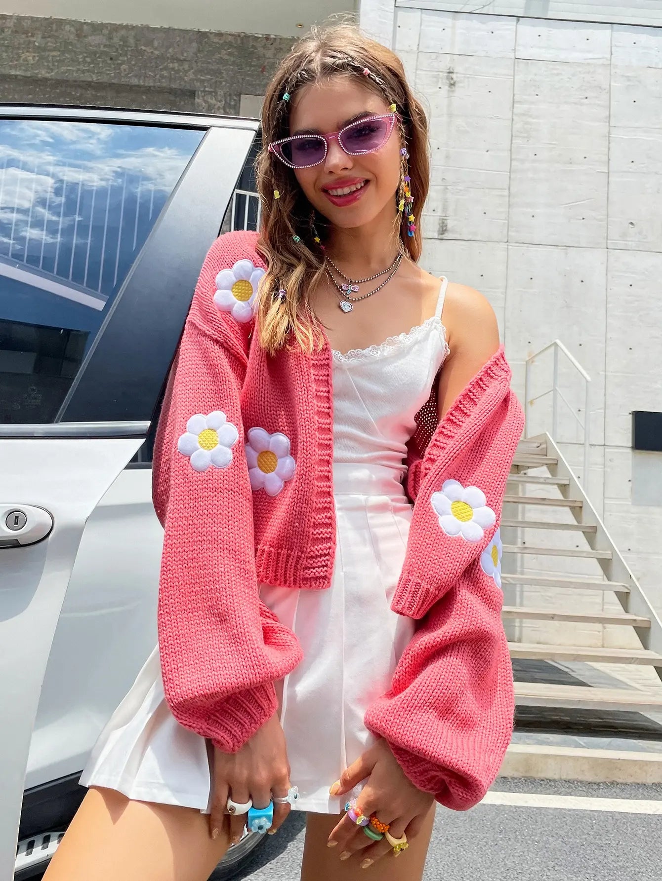 Floral Knit Cardigan | Acrylic Blend | Oversized with Daisy Embroidery