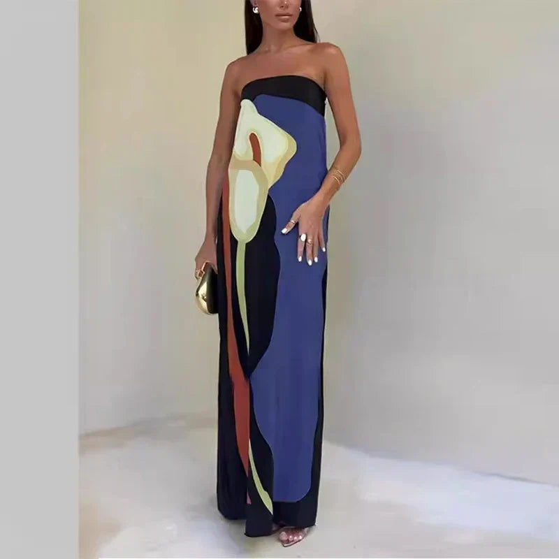 Abstract Print Maxi Dress | Strapless | Statement Style