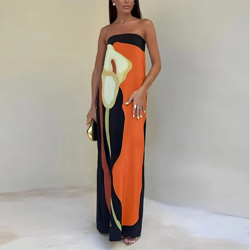 Abstract Print Maxi Dress | Strapless | Statement Style
