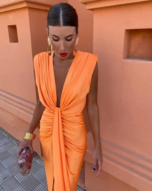 Draped Maxi Dress | Deep V-Neck | Elegant & Flowing