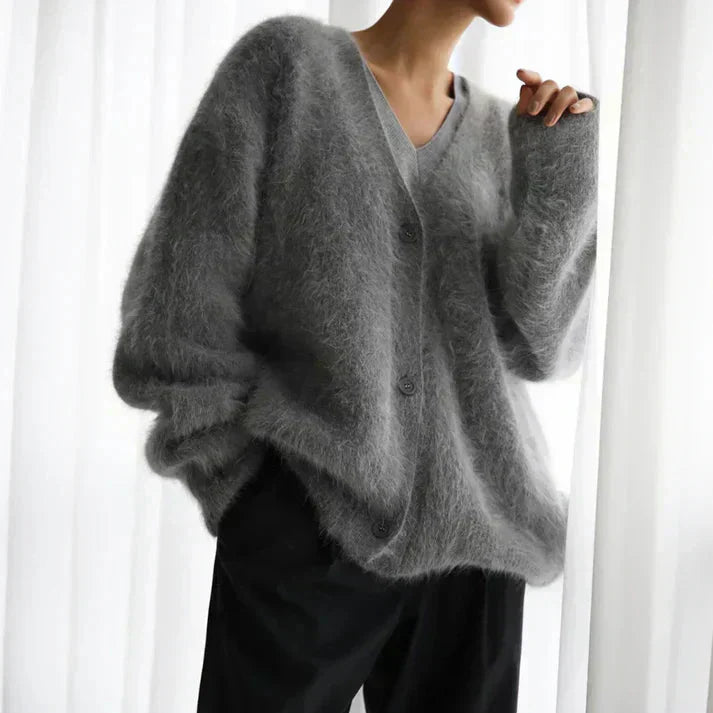 Fuzzy Knit Cardigan | Mohair-Feel Texture | Soft, Slouchy & Chic