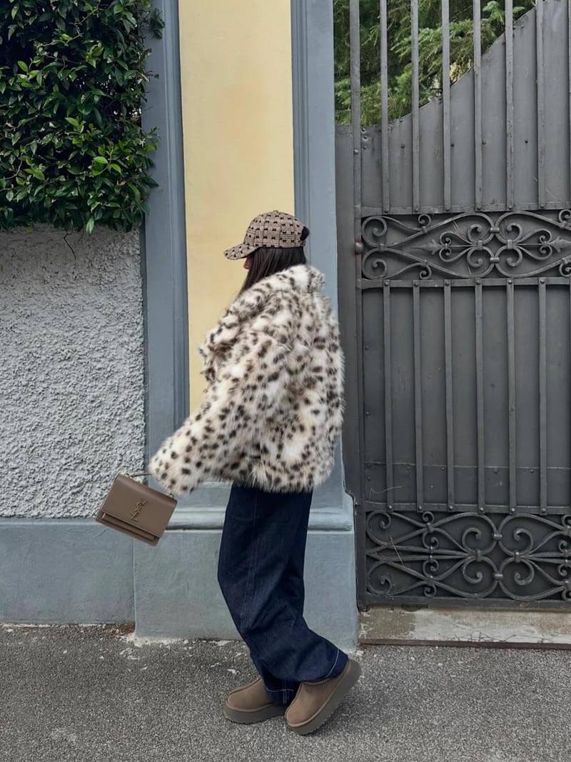 Spotted Faux Fur Coat | Polyester | Animal-Inspired Statement Piece