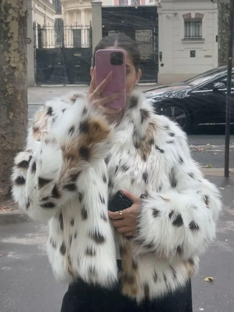 Spotted Faux Fur Coat | Polyester | Animal-Inspired Statement Piece