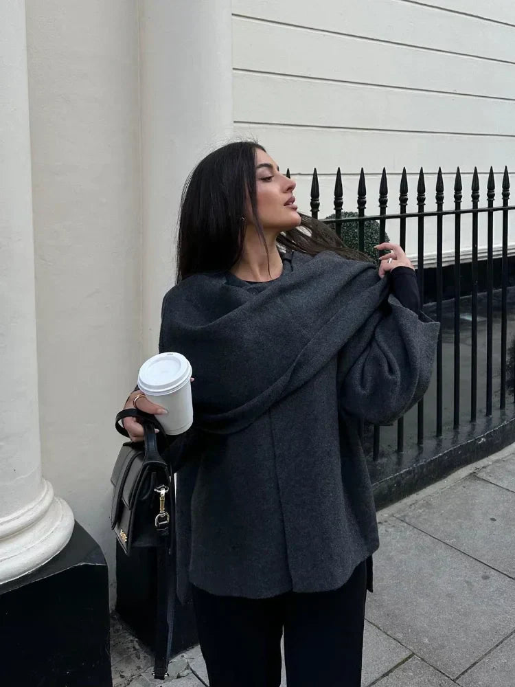 Asymmetrical Wrap Coat | Wool Blend | Scarf Detail & Draped Fit