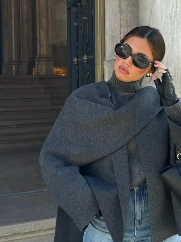 Asymmetrical Wrap Coat | Wool Blend | Scarf Detail & Draped Fit