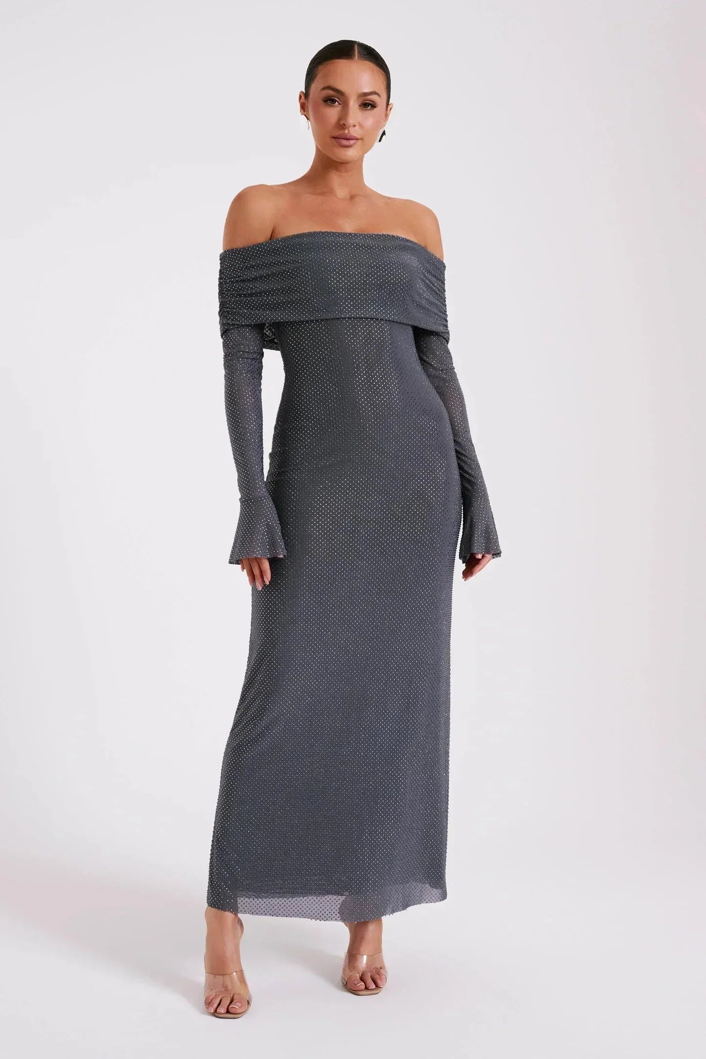 Off-Shoulder Glitter Maxi Dress | Elegant & Glamorous | Figure-Hugging Fit