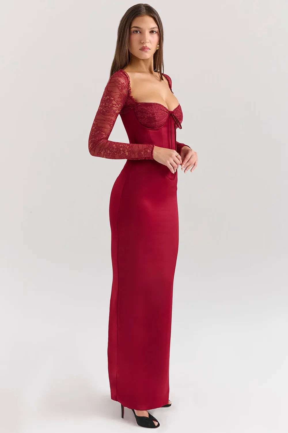 Velvet Evening Gown | Lace Sleeves | Elegant & Sophisticated