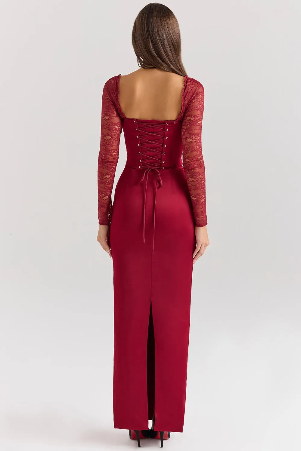 Velvet Evening Gown | Lace Sleeves | Elegant & Sophisticated