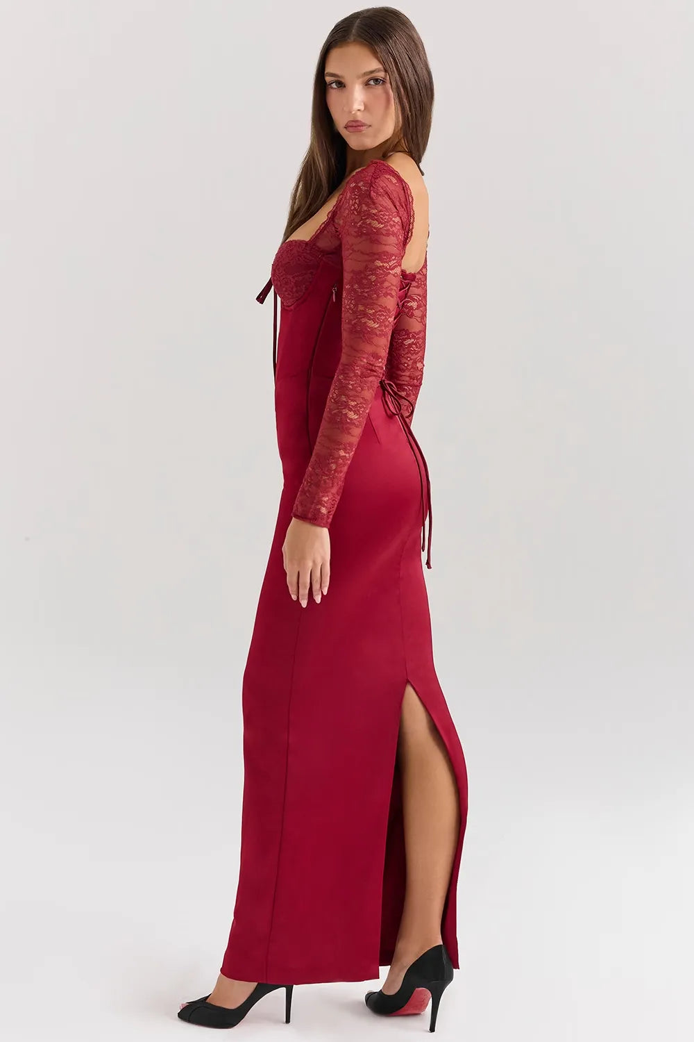 Velvet Evening Gown | Lace Sleeves | Elegant & Sophisticated