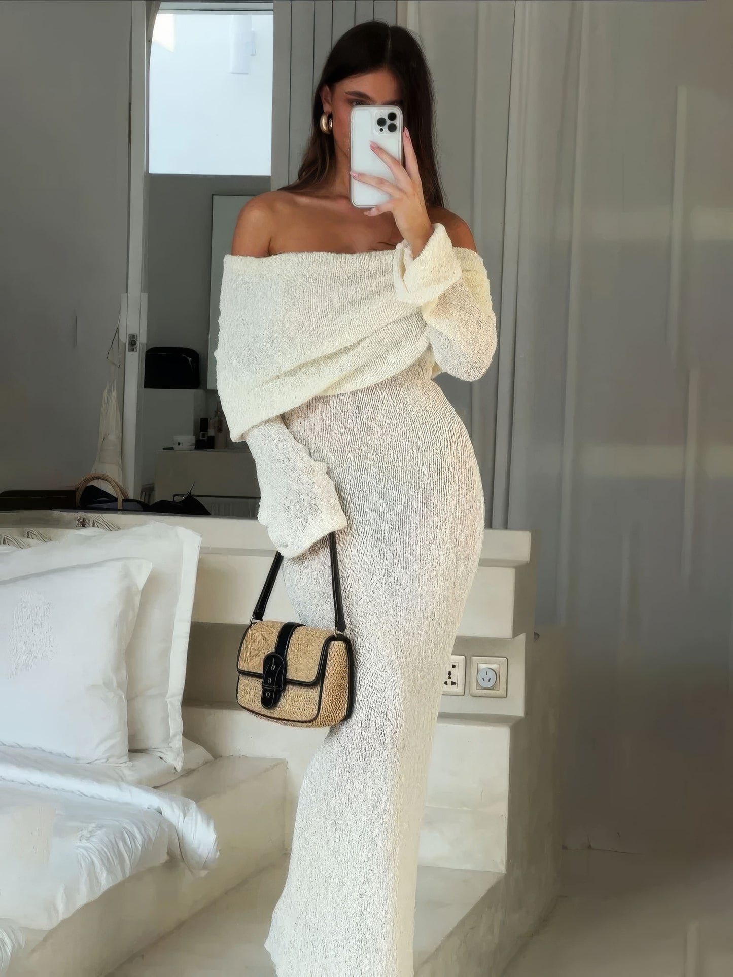 Sheer Knit Maxi Dress | Polyester Blend | Off-Shoulder Elegance