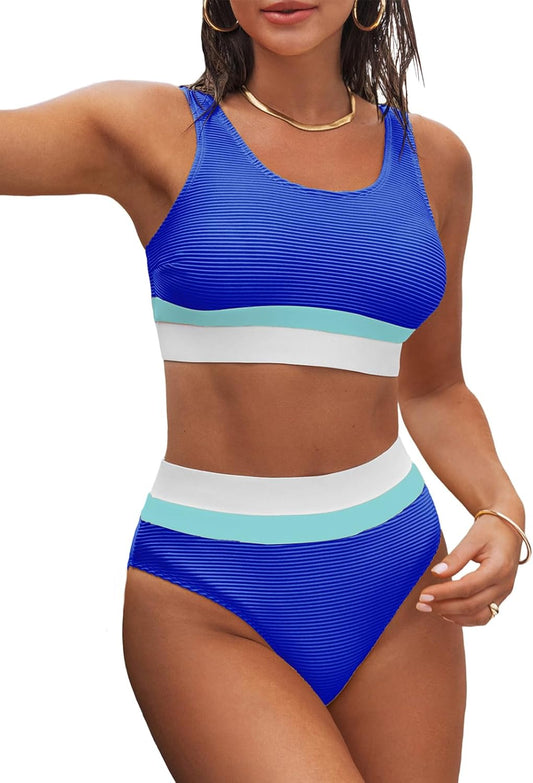 Ocean Stripe Bikini Set | High-Neck Top | Colorblock Elegance