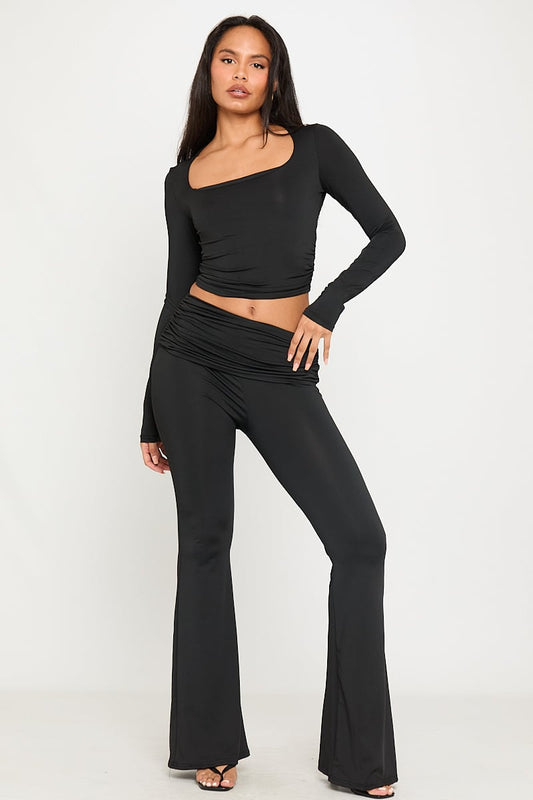 Black Ribbed Co-Ord Set | Flared Pants & Square Neck Top | Sleek '90s Revival