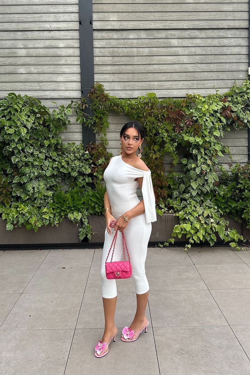 White One-Shoulder Biker Romper | Sleek Stretch Fit | Chic Summer Minimalism