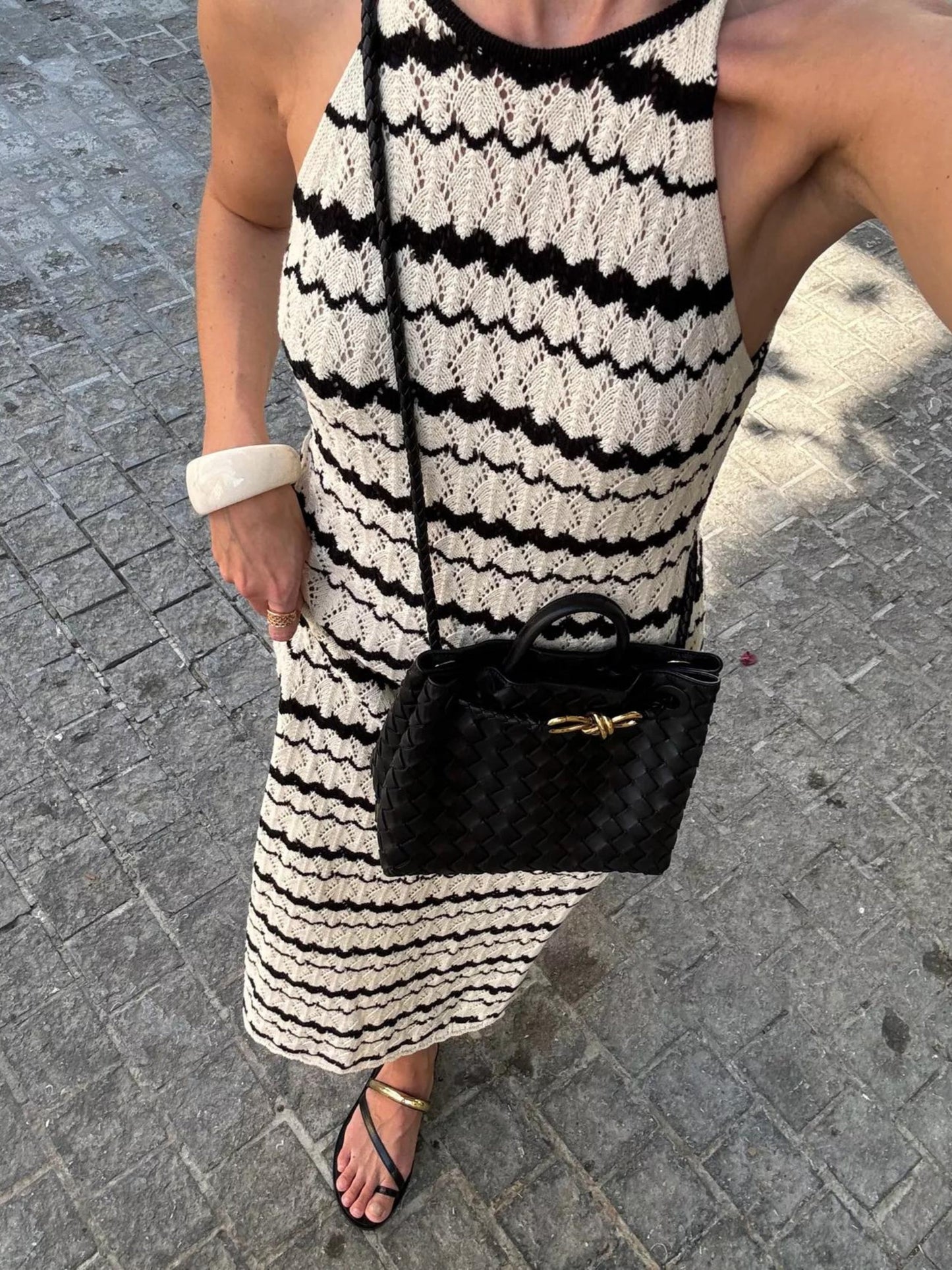 Woven Top-Handle Bag | Faux Leather | Gold Bow Accent