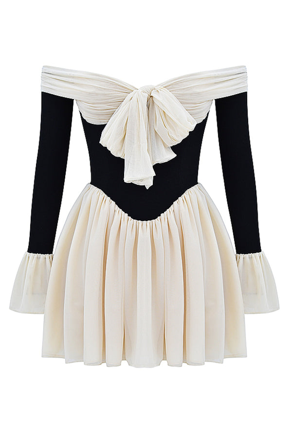 Off-Shoulder Bow Mini Dress | Contrast Sleeves | Chic & Feminine