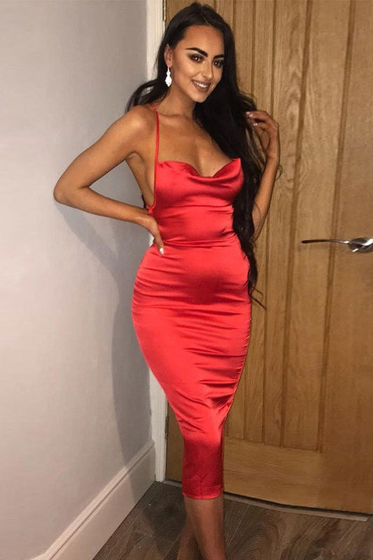 Red Satin Cowl Neck Midi Dress | Curve-Hugging Elegance | Date Night Luxe
