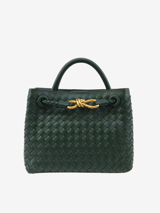 Woven Top-Handle Bag | Faux Leather | Gold Bow Accent