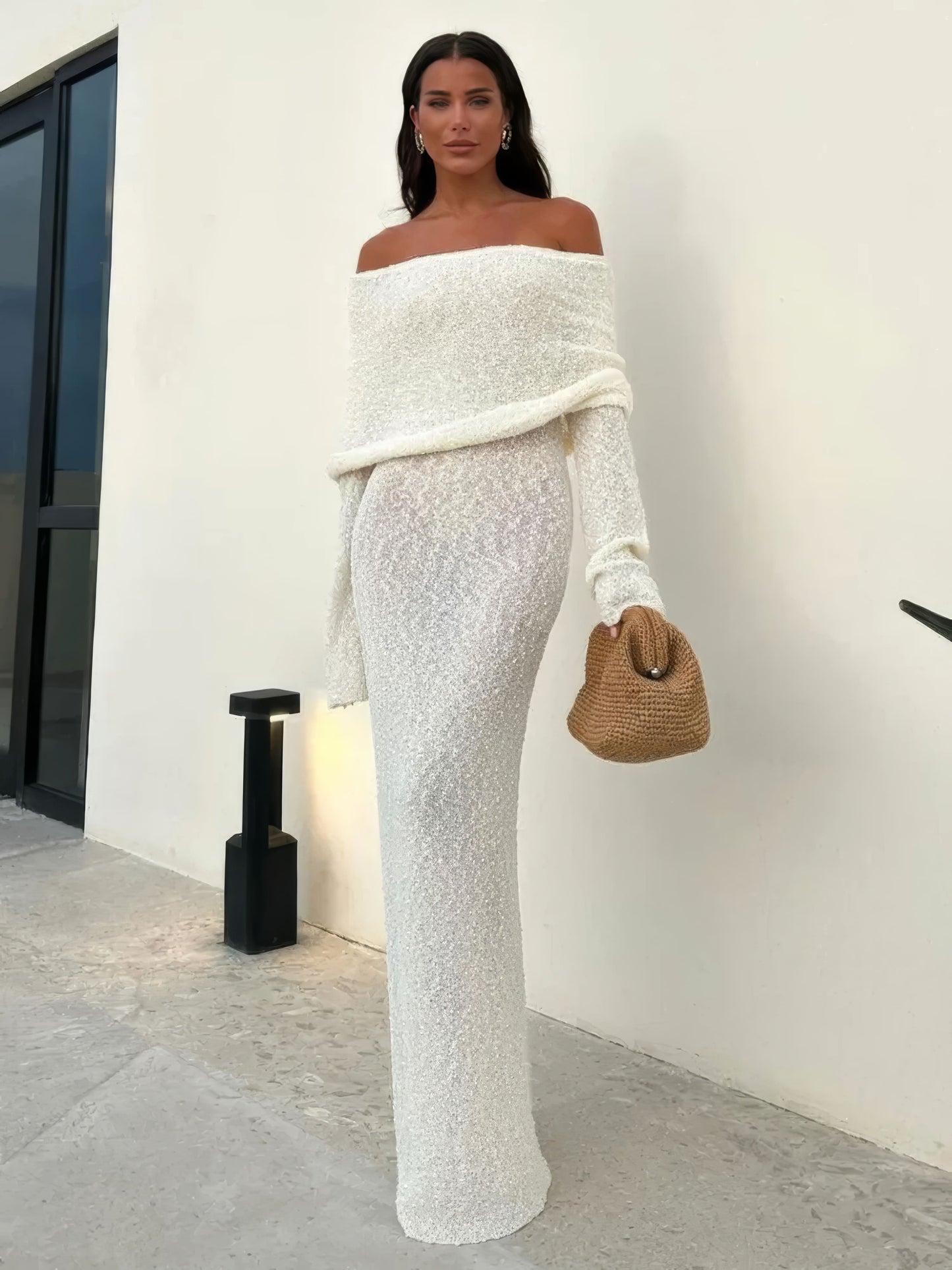 Sheer Knit Maxi Dress | Polyester Blend | Off-Shoulder Elegance