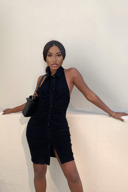 Black Halter Neck Bodycon Dress | Ruched Front | Backless Party Essential