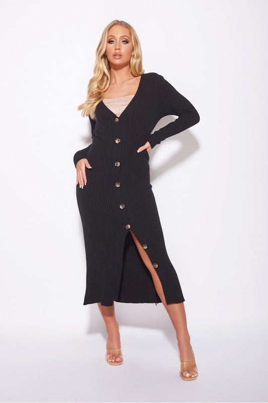 Button-Down Ribbed Midi Dress | Deep V Neckline | Elegant Everyday Chic
