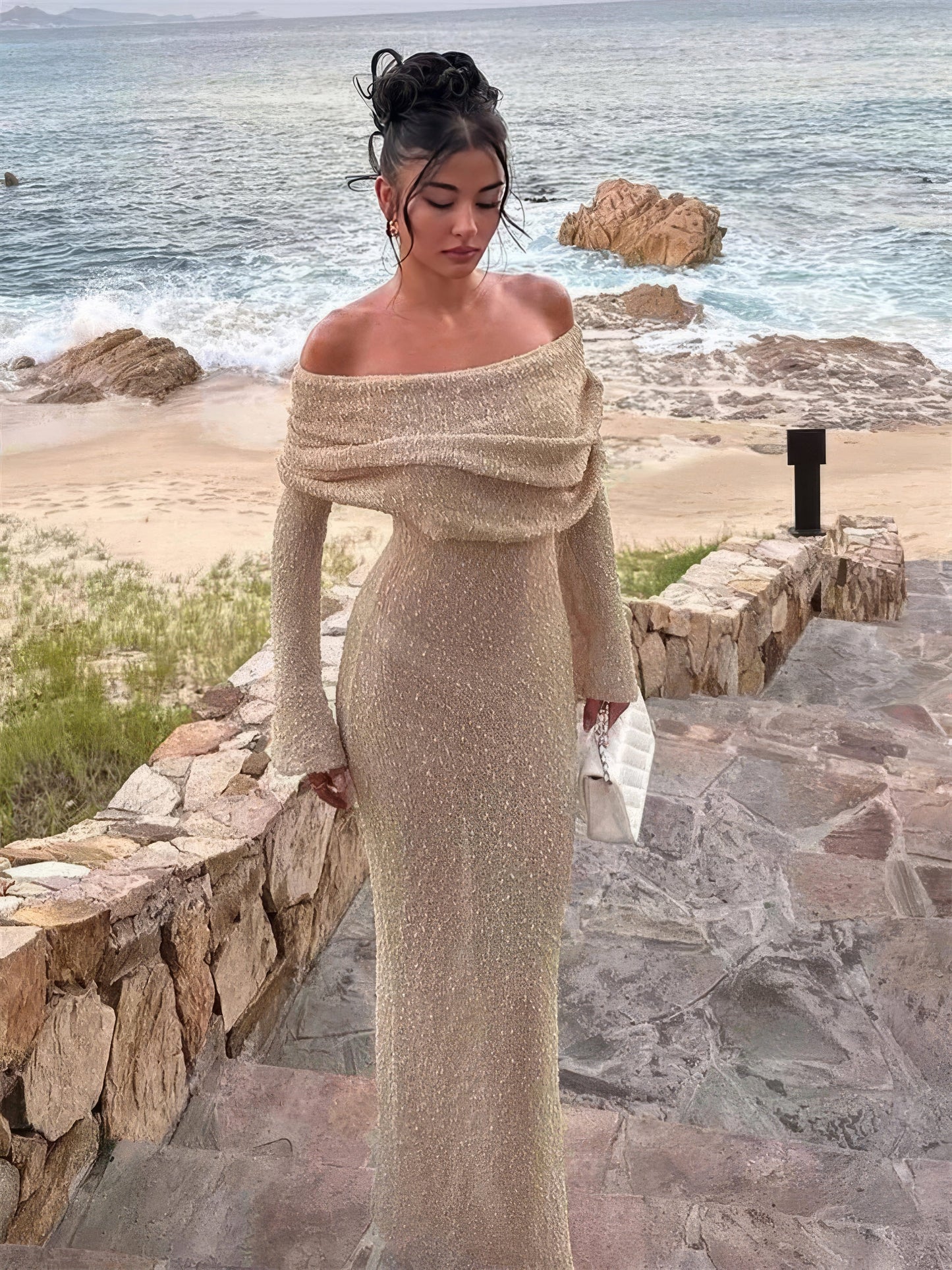 Sheer Knit Maxi Dress | Polyester Blend | Off-Shoulder Elegance