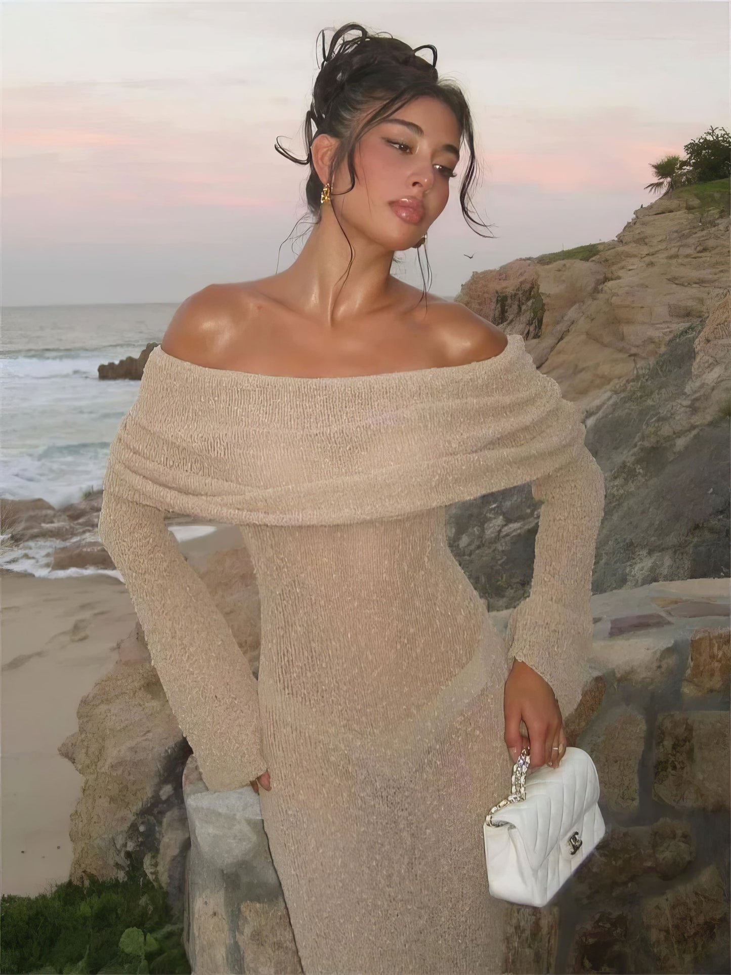 Sheer Knit Maxi Dress | Polyester Blend | Off-Shoulder Elegance