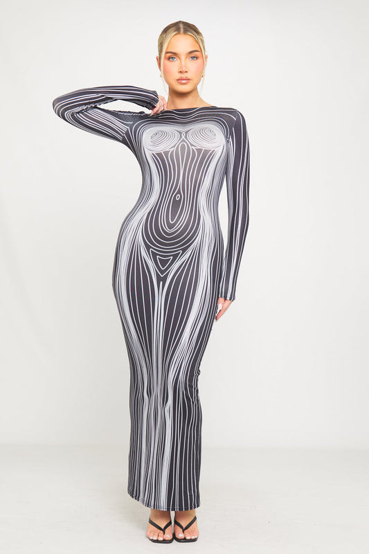 Black Optical Illusion Print Maxi Dress | Futuristic & Bold | High-Fashion Statement