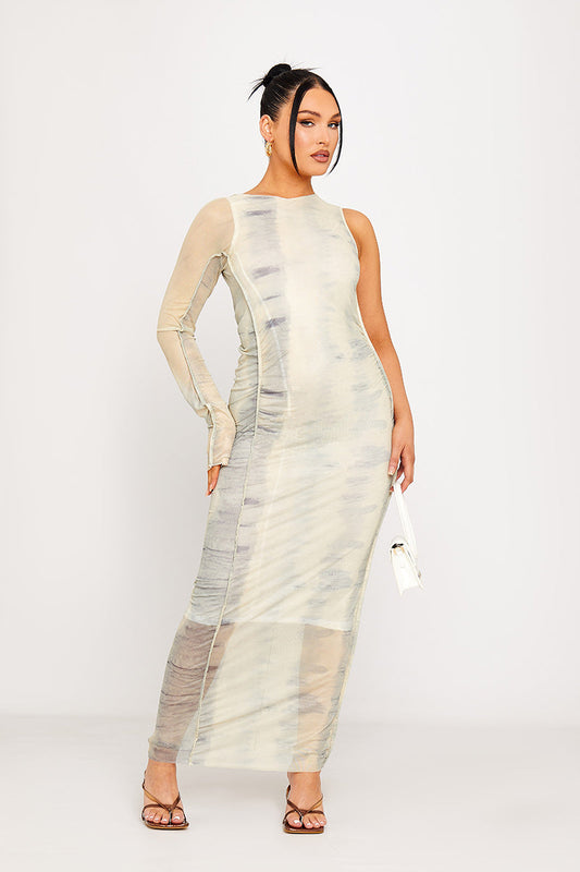 Abstract Print One-Sleeve Mesh Maxi Dress | Futuristic & Chic | Effortless Elegance