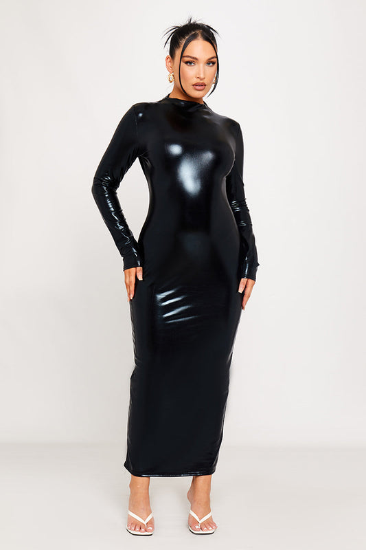 Black High-Shine Latex Maxi Dress | Futuristic & Fierce | Power Statement