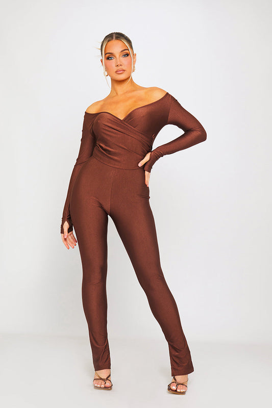 Mocha Luxe Jumpsuit | One-Shoulder Wrap Design | Sculpted Silhouette
