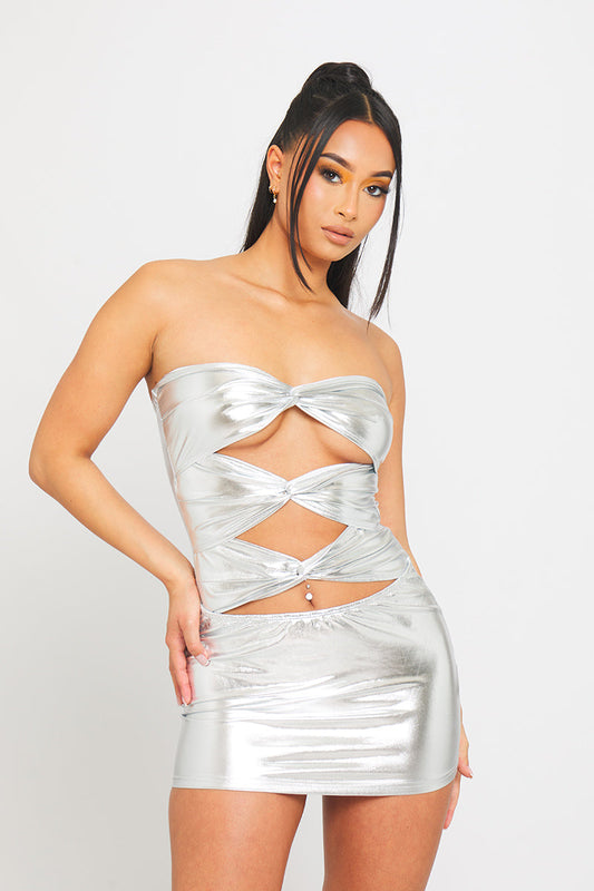 Silver Metallic Cut-Out Mini Dress | Bold & Futuristic | Statement Glam