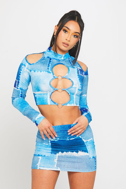 Electric Wave Set | Cut-Out Long Sleeve Top & Mini Skirt | Bold Blue Print