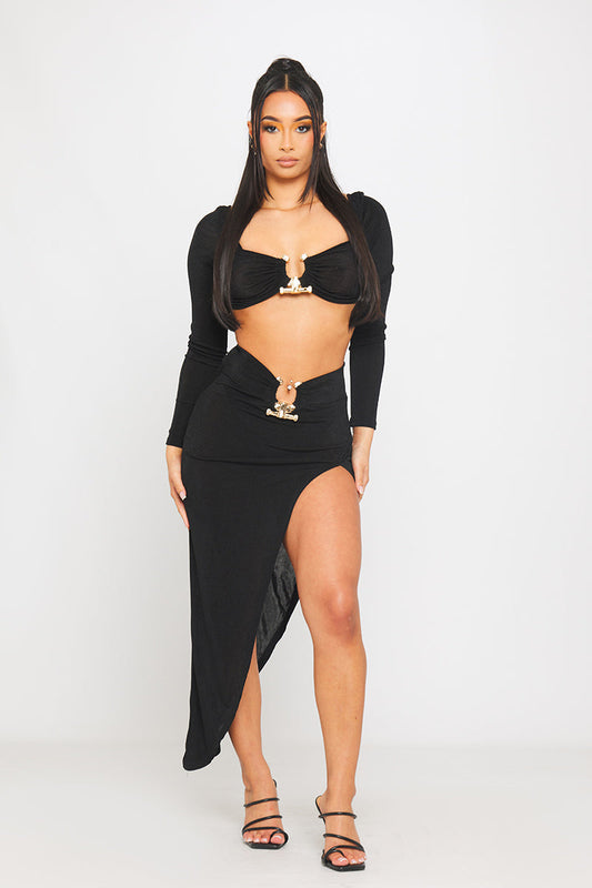 Noir Drama Set | Structured Crop Top & Asymmetrical Skirt | Bold Cut-Out Elegance