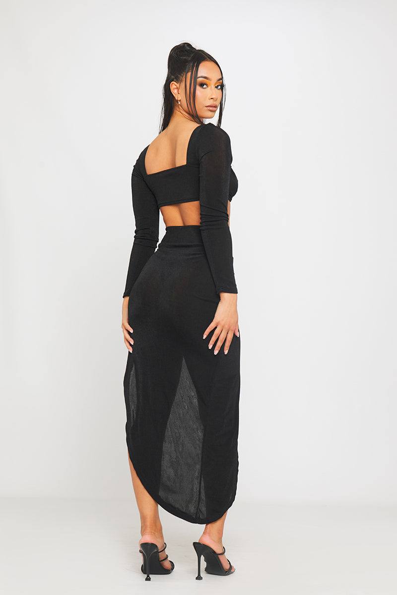 Noir Drama Set | Structured Crop Top & Asymmetrical Skirt | Bold Cut-Out Elegance